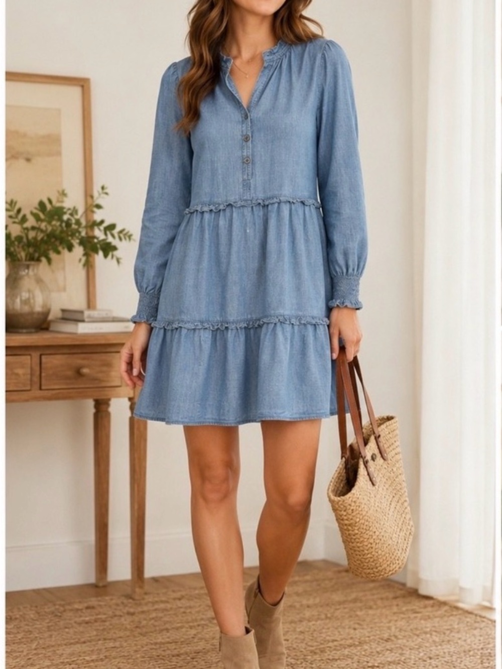 J. Crew Chambray Blue Tiered Button-Front Mini Dress